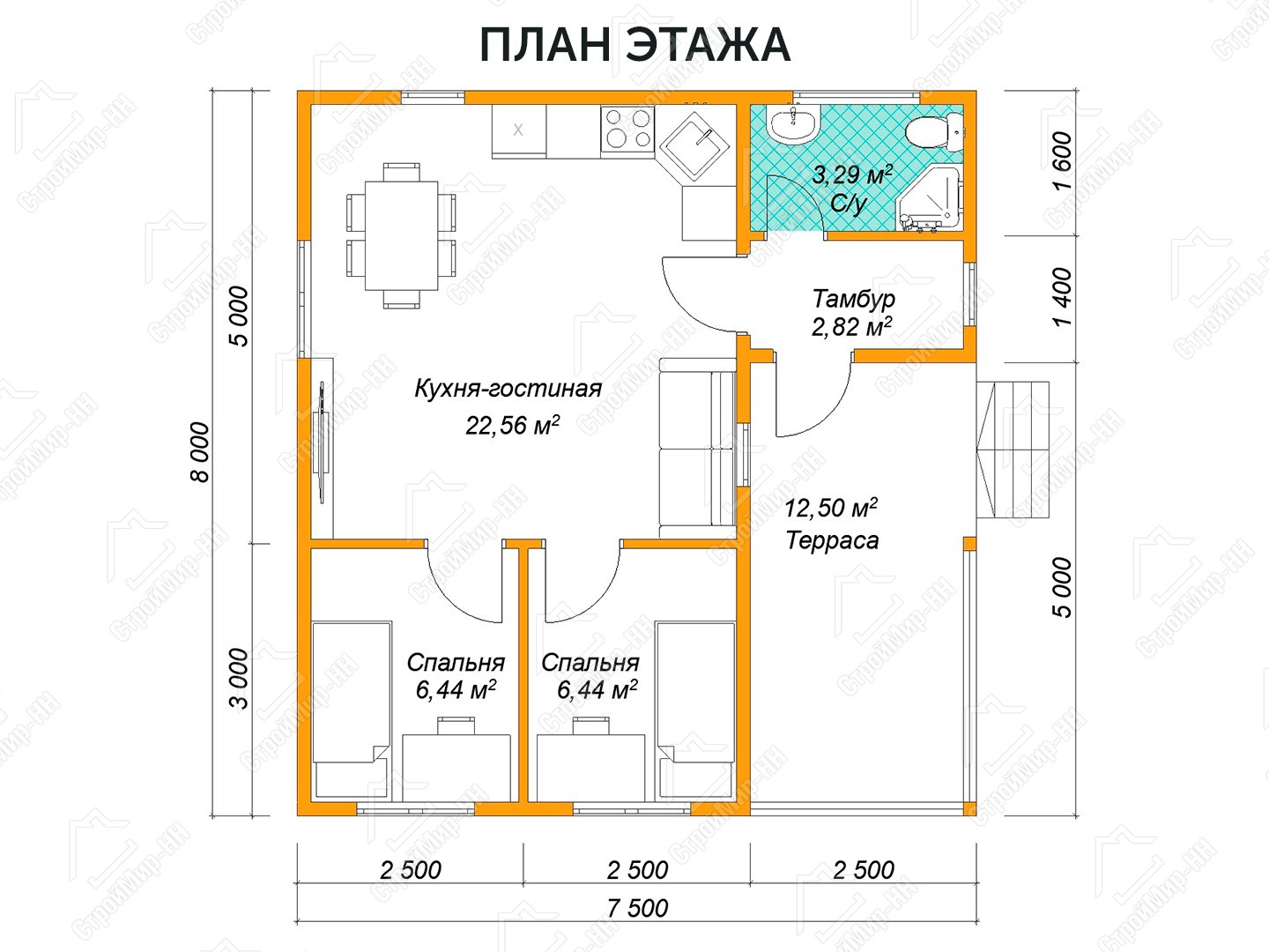 Жилой каркасный дом 8x7.5 «Маленький Мук» план