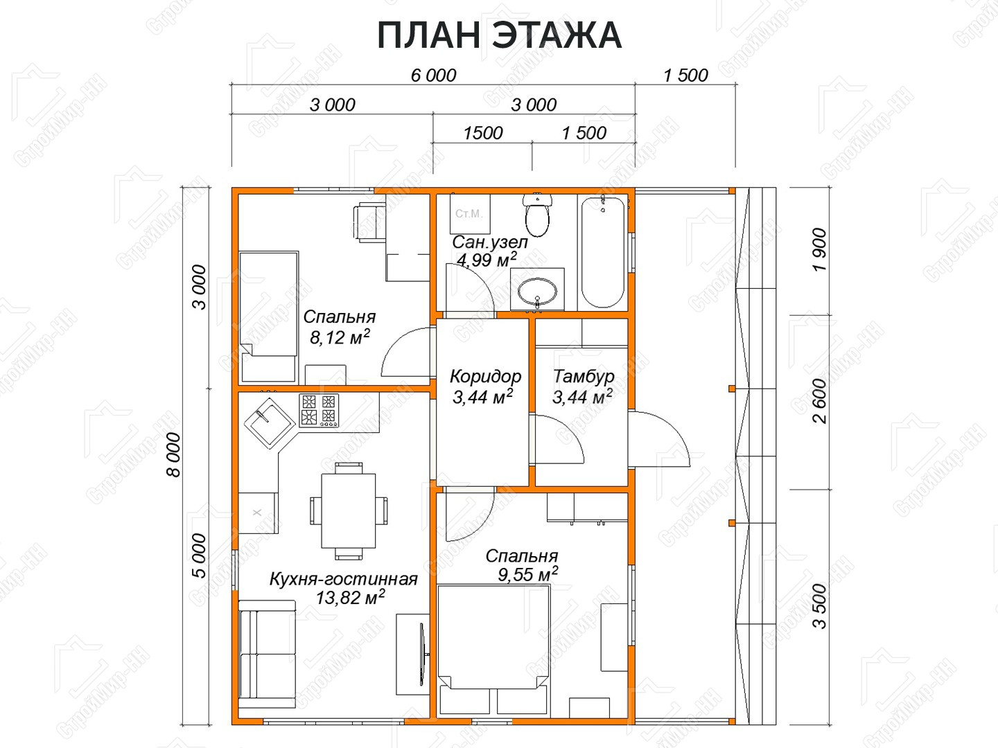 Жилой каркасный дом 7.5x8 с крыльцом «Атос» план