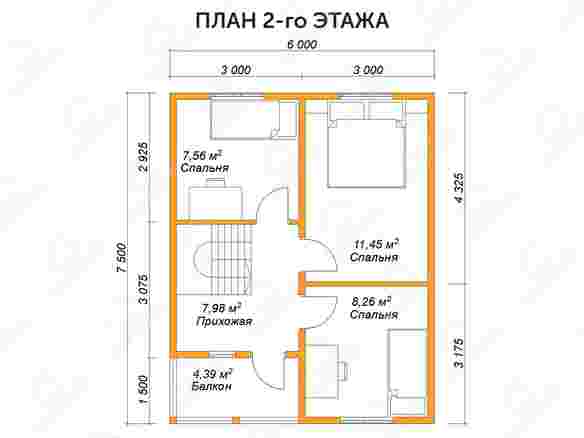 План каркасного дома 6x7.5 с крыльцом и балконом «Корица» 2