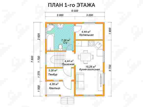 План каркасного дома 6x7.5 с крыльцом и балконом «Корица»