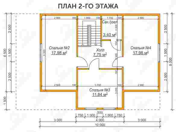 Двухэтажный жилой каркасный дом 8x12 с террасой и крыльцом «Голубика» план 2