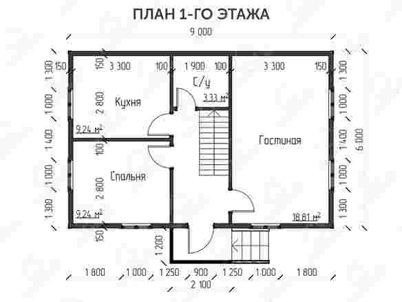 Двухэтажный жилой каркасный дом 9x6 с крыльцом и слуховым окном «Ж7» план 1